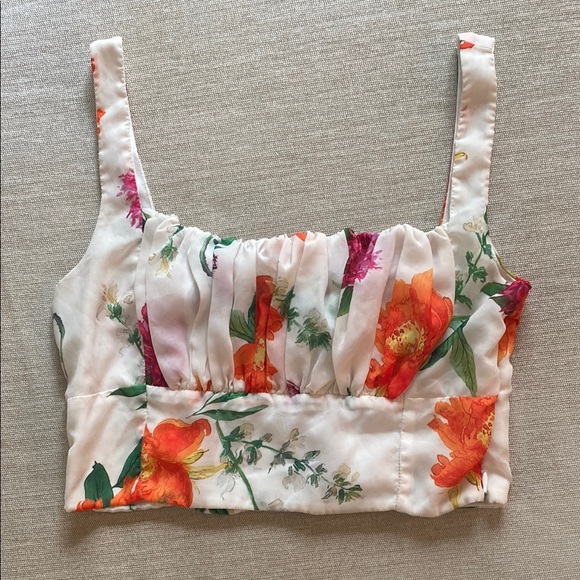 Tops - Satin Floral Square Neck Ruched Smocked Crop Top Bustier White Size M